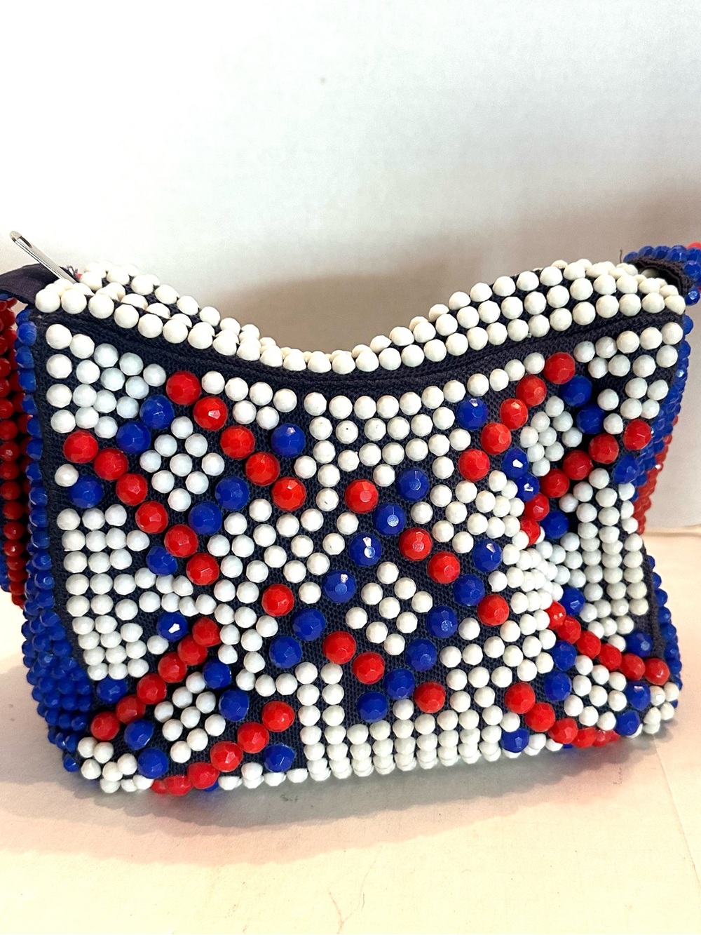 Vintage Candy Dot Beaded Shoulder Bag in White, Blue & Red